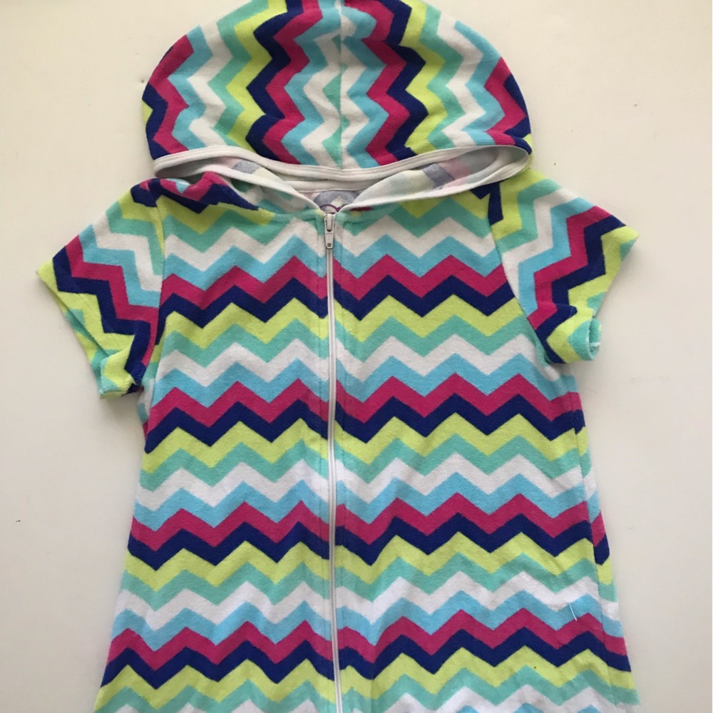 OP Kids Hooded Swim Coverup in Teal, Navy, Lime & Pink Chevron